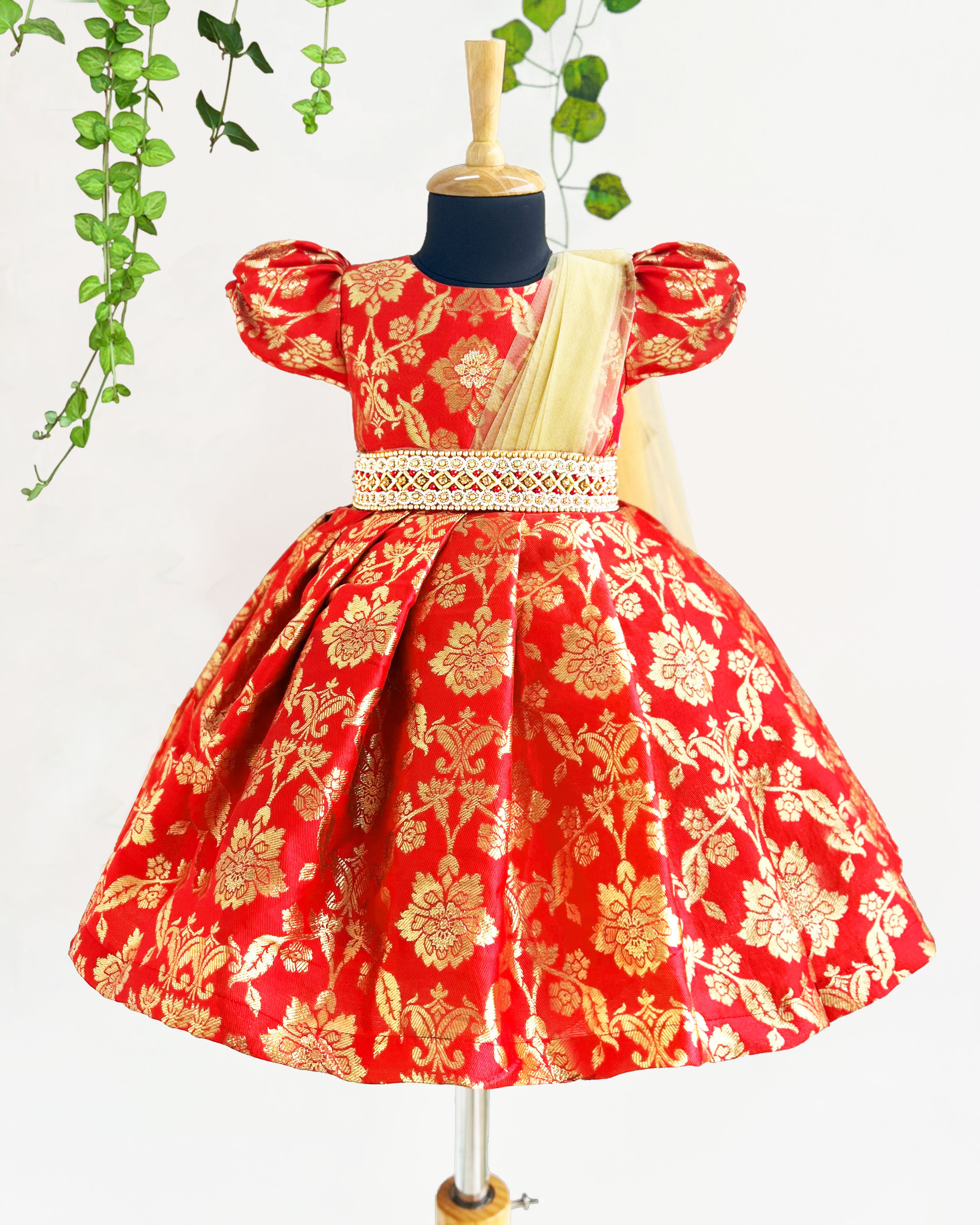 Red Silk Saree Frock for Baby Girls Birthday Traditional Dress