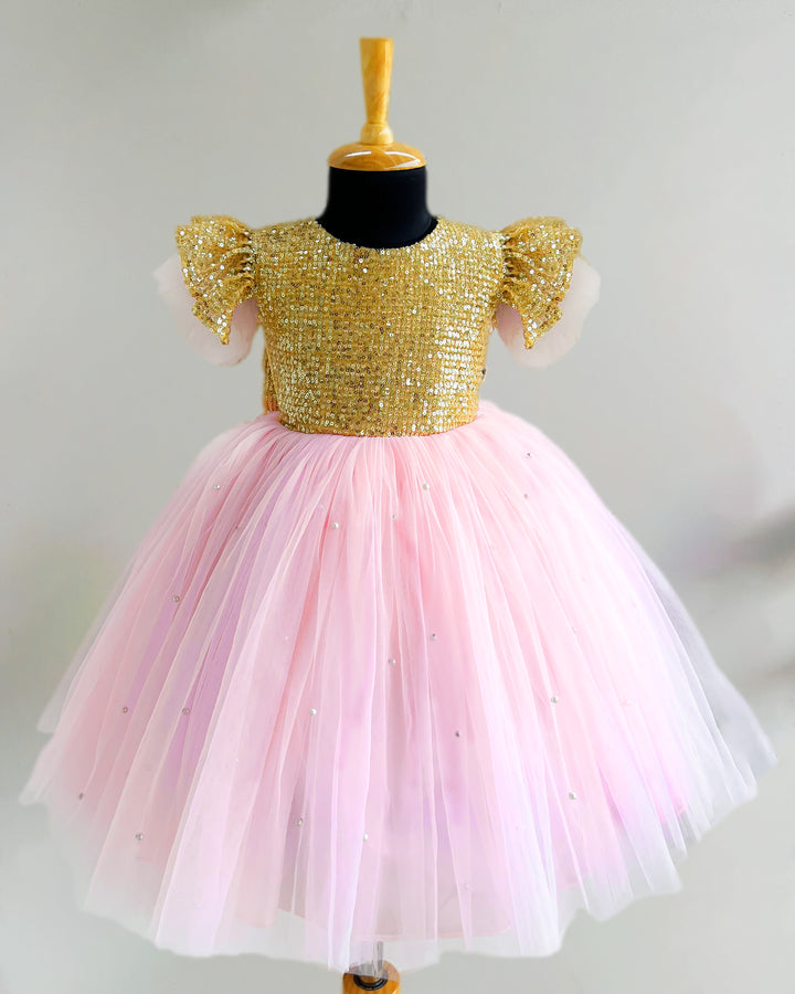 Baby pink birthday dress for girls, golden sequins frock, designer kids party wear, baby girl birthday outfit
