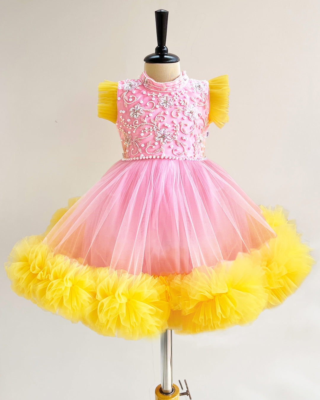 Baby Pink and Yellow Ruffled Halter Neck Frock – Handwork Birthday Dress for Girls by Stanwells Kids
