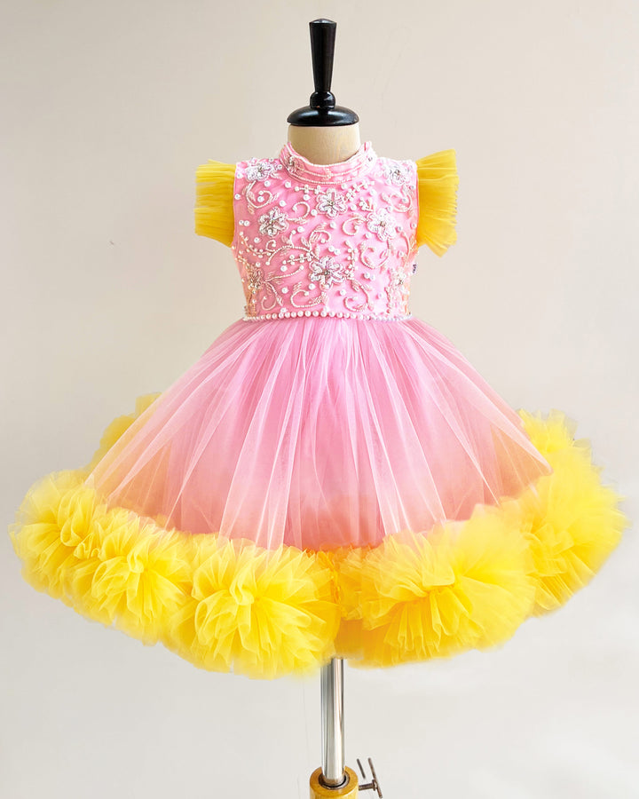 Baby Pink and Yellow Ruffled Halter Neck Frock – Handwork Birthday Dress for Girls by Stanwells Kids