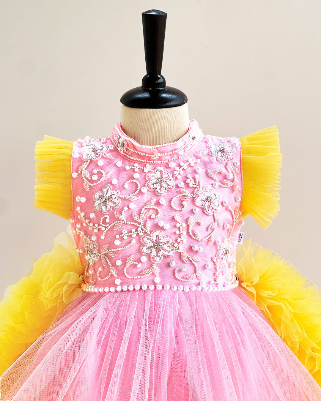Baby Pink and Yellow Ruffled Halter Neck Frock – Handwork Birthday Dress for Girls by Stanwells Kids