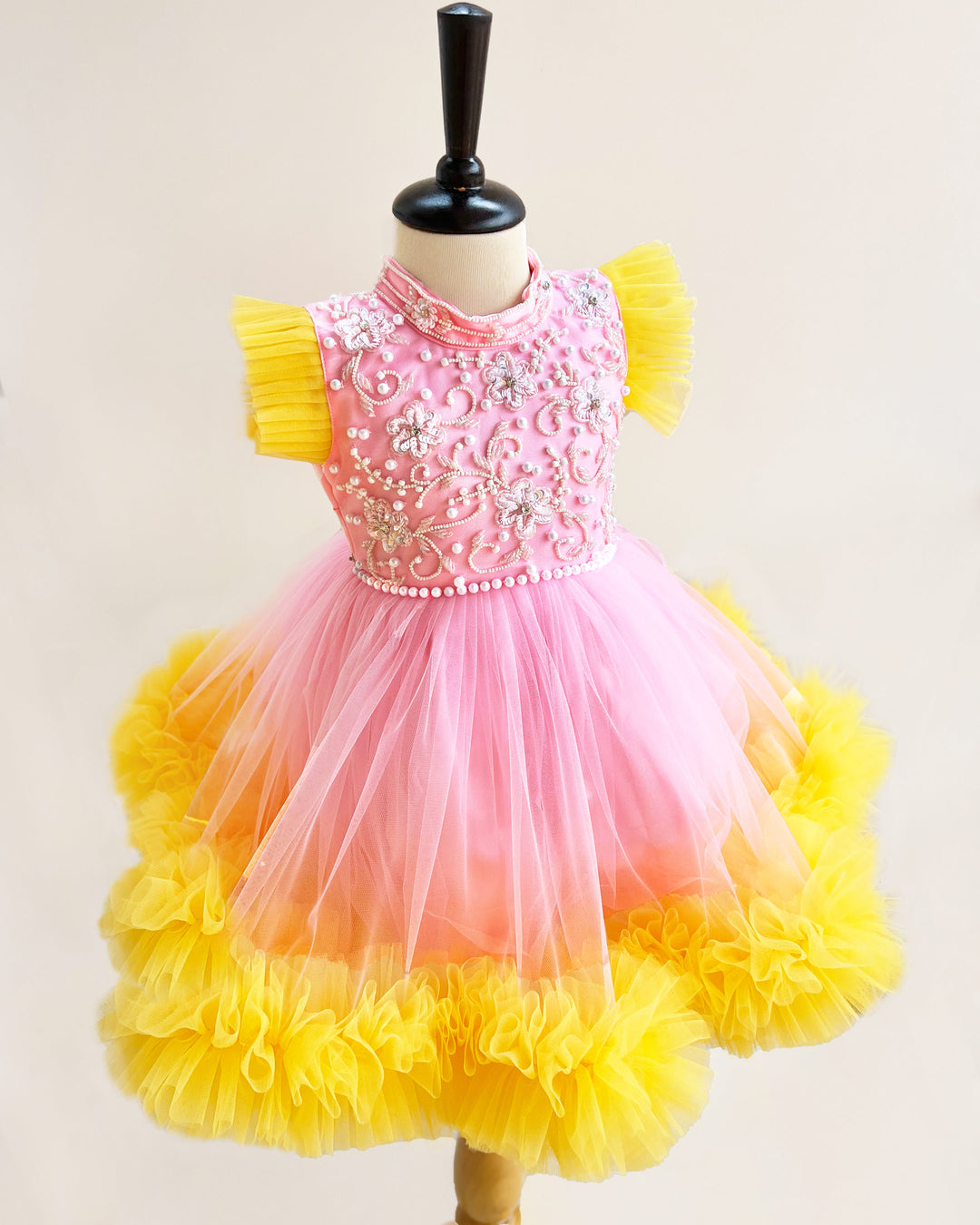 Baby Pink and Yellow Ruffled Halter Neck Frock – Handwork Birthday Dress for Girls by Stanwells Kids