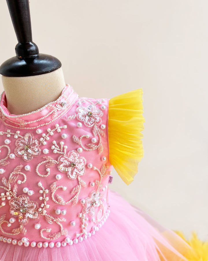 Baby Pink and Yellow Ruffled Halter Neck Frock – Handwork Birthday Dress for Girls by Stanwells Kids