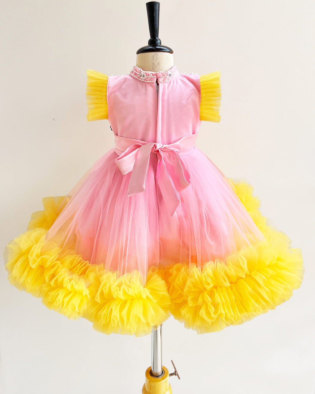Baby Pink and Yellow Ruffled Halter Neck Frock – Handwork Birthday Dress for Girls by Stanwells Kids