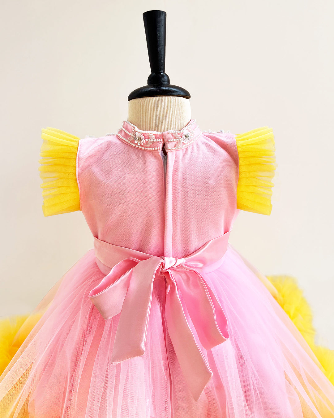 Baby Pink and Yellow Ruffled Halter Neck Frock – Handwork Birthday Dress for Girls by Stanwells Kids