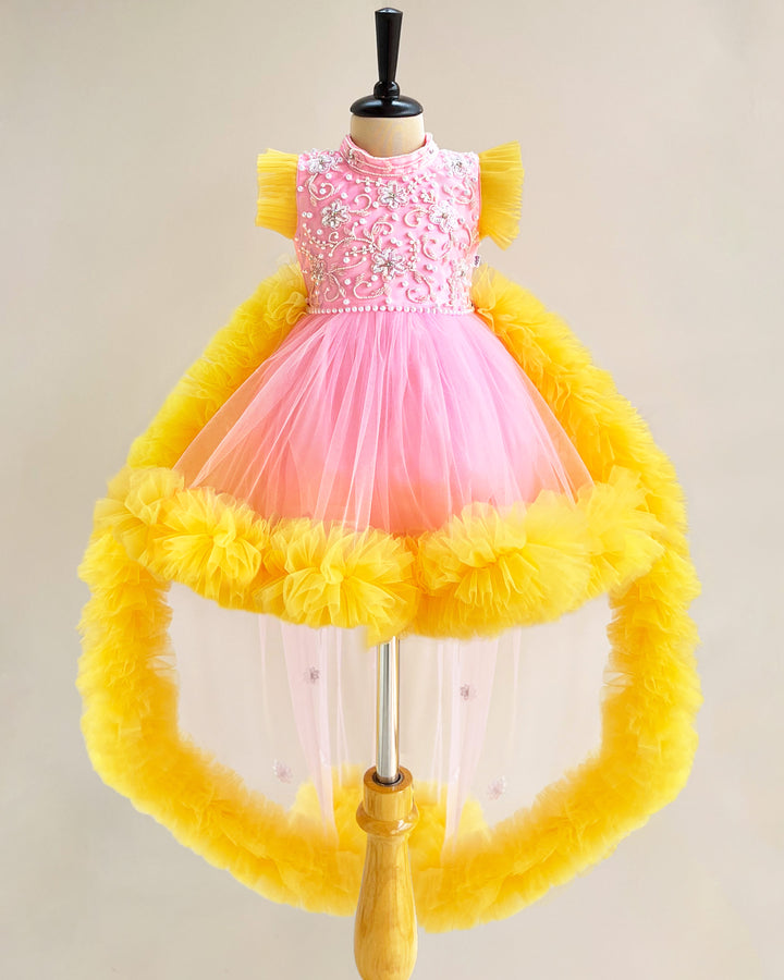 Baby Pink and Yellow Ruffled Halter Neck Frock – Handwork Birthday Dress for Girls by Stanwells Kids