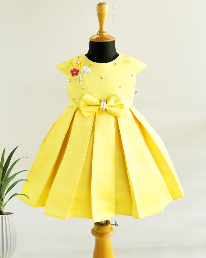 Baby yellow silky satin baby girl birthday dress, western style frock, box pleated birthday dress, kids party wear outfit for girls