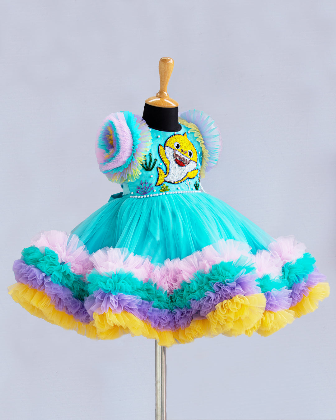 baby shark, designer frock for baby girls, kids clothing, partywear collections baby, 1 year birthday, handwork frocks, multi colour layer frock india