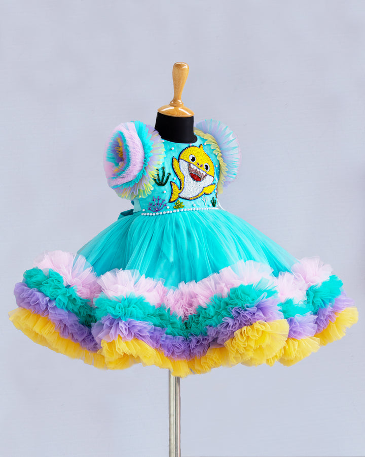 baby shark, designer frock for baby girls, kids clothing, partywear collections baby, 1 year birthday, handwork frocks, multi colour layer frock india