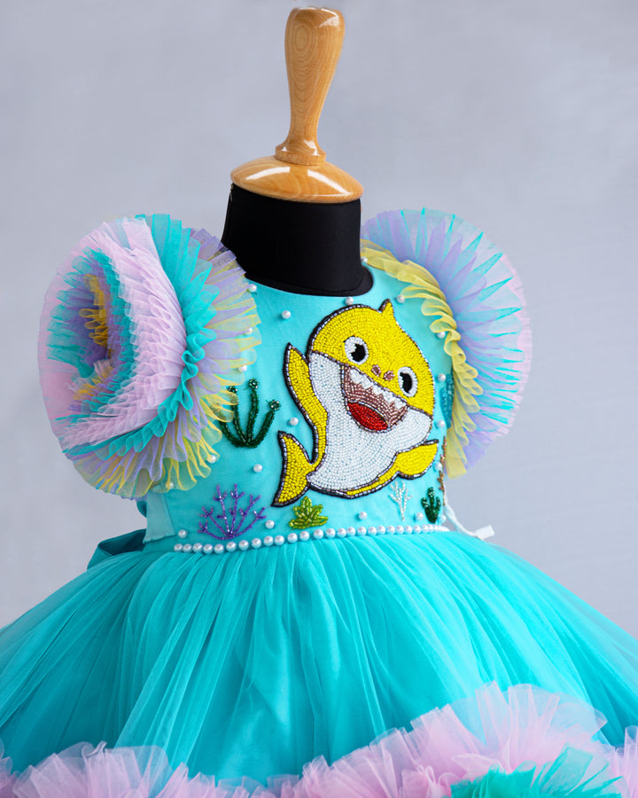 baby shark, designer frock for baby girls, kids clothing, partywear collections baby, 1 year birthday, handwork frocks, multi colour layer frock india