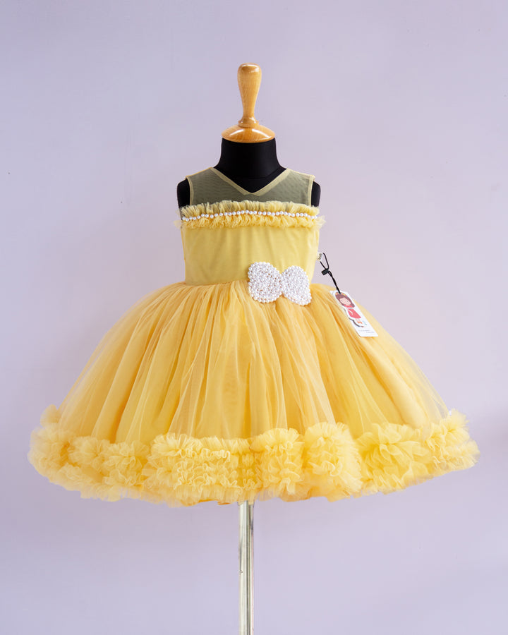 yellow partywear frock kids baby girls stanwells kids, pearl applique frock, butterfly designs for kids, birthday dresses for baby girls, 1st birthday dresses