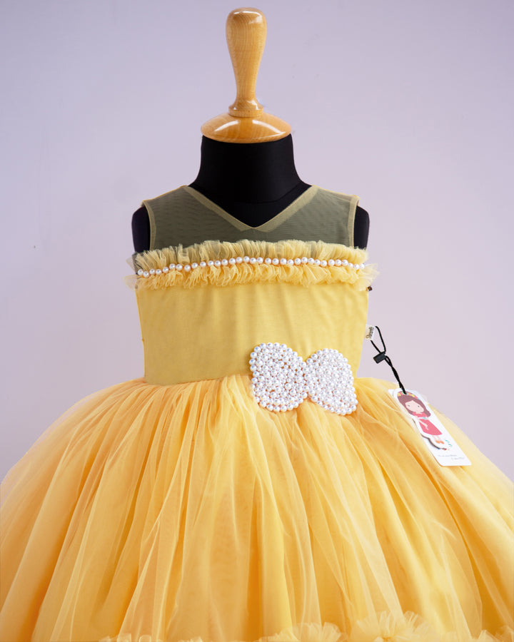 yellow partywear frock kids baby girls stanwells kids, pearl applique frock, butterfly designs for kids, birthday dresses for baby girls, 1st birthday dresses