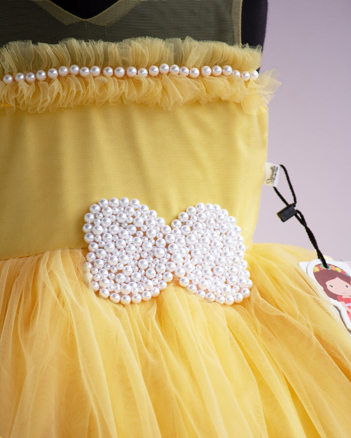 yellow partywear frock kids baby girls stanwells kids, pearl applique frock, butterfly designs for kids, birthday dresses for baby girls, 1st birthday dresses