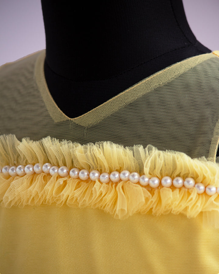 yellow partywear frock kids baby girls stanwells kids, pearl applique frock, butterfly designs for kids, birthday dresses for baby girls, 1st birthday dresses