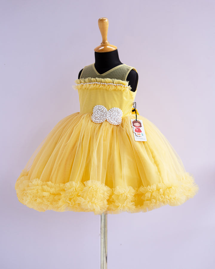 yellow partywear frock kids baby girls stanwells kids, pearl applique frock, butterfly designs for kids, birthday dresses for baby girls, 1st birthday dresses