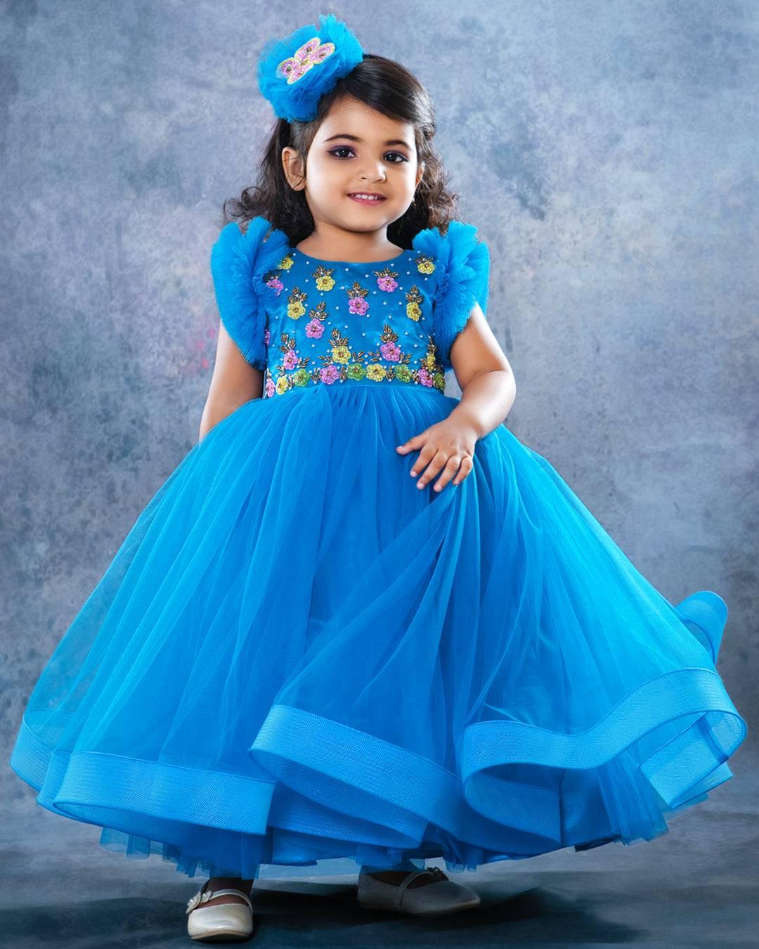 Dark Blue Heavy Handwork Baby Girls Full Gown – Stanwells Kids