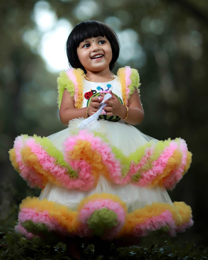 Off-White shade Cocomelon theme Handwork Birthday Ruffles Full-length