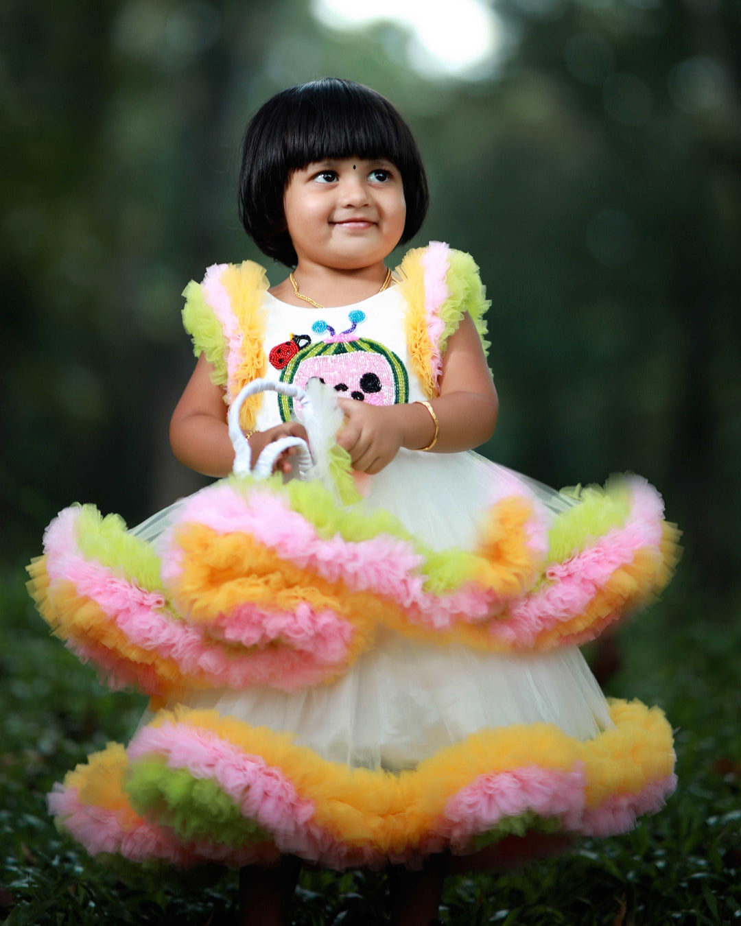 Off-White shade Cocomelon theme Handwork Birthday Ruffles Full-length