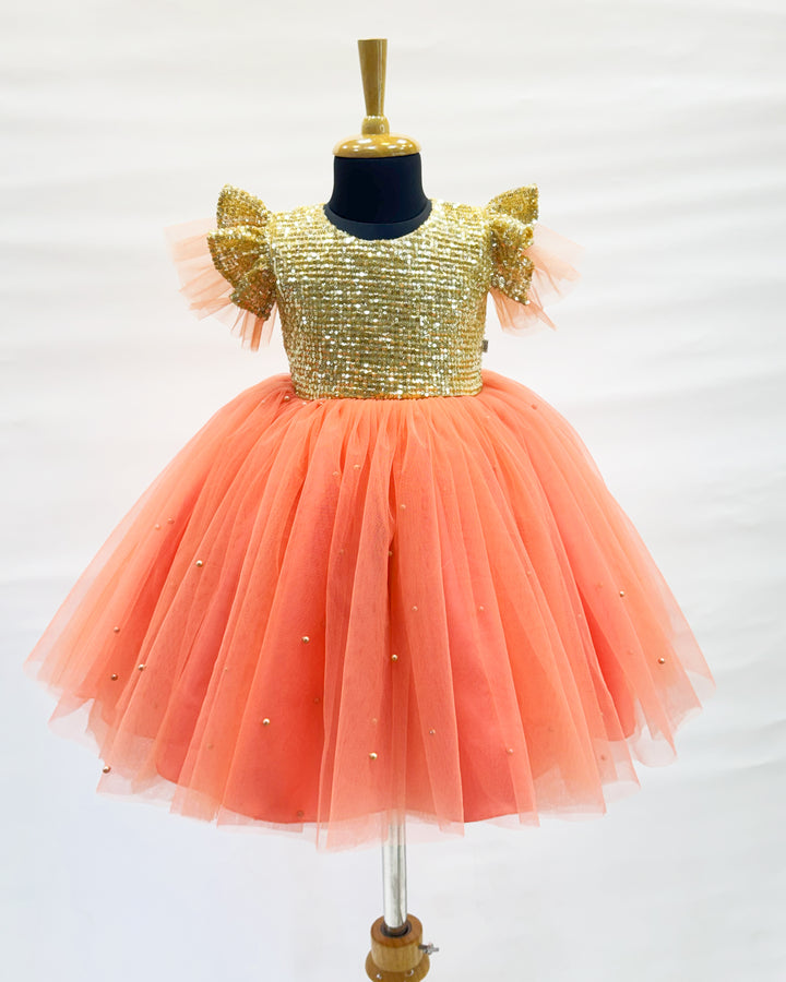 Coral shade golden sequins baby girl birthday dress, designer party wear frock, baby girl birthday outfit, kids party dress