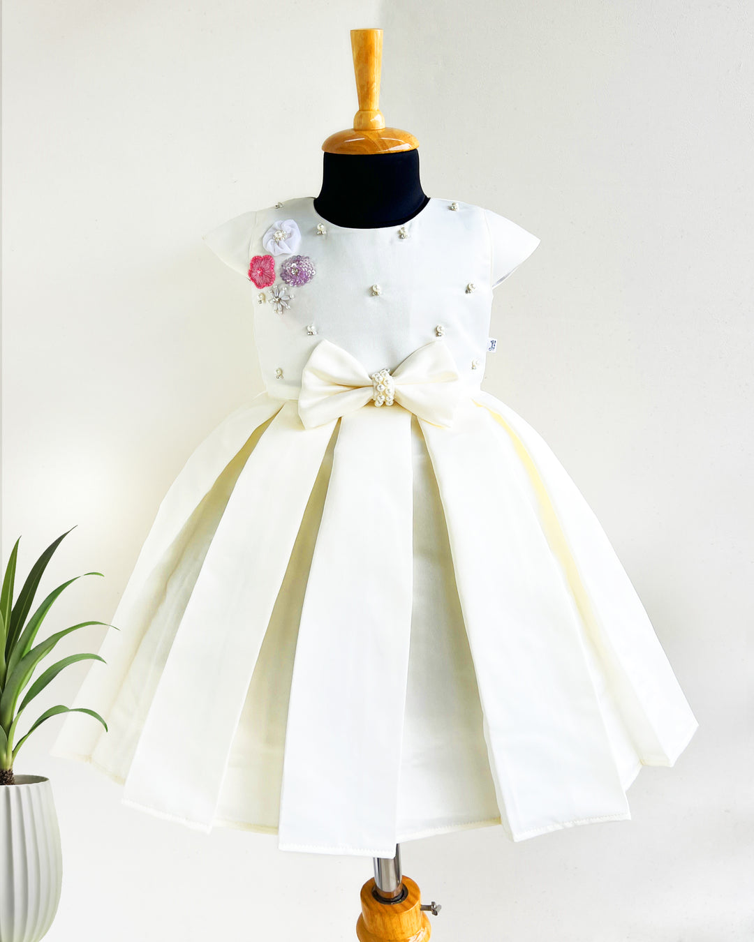 Cream shade silky satin baby girl birthday dress, western style frock, kids party wear dress, box pleated birthday outfit for girls
