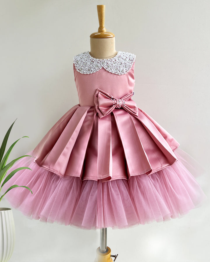 Dust pink satin baby girl birthday dress, premium bow frock, handwork party wear dress, kids birthday outfit for girls