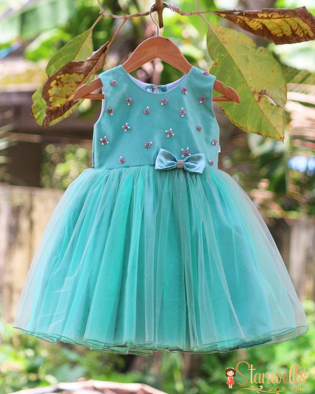 Pastel Green Handwork Designer Net Knee-length Frock