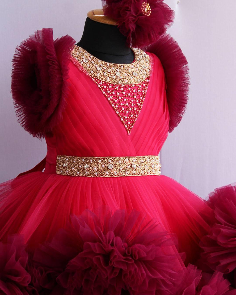 Rany Pink & Grapevine Handwork Two Layer Pleated Ruffles Frock – Match