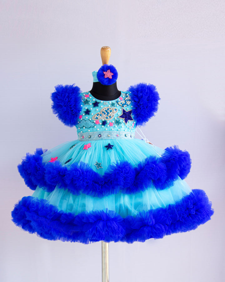 moon and star theme frock for baby girls stanwells kids birthday partywear frock blue shade light and dark shade frocks