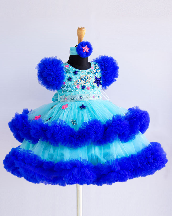 moon and star theme frock for baby girls stanwells kids birthday partywear frock blue shade light and dark shade frocks