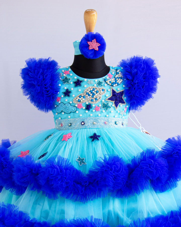 moon and star theme frock for baby girls stanwells kids birthday partywear frock blue shade light and dark shade frocks