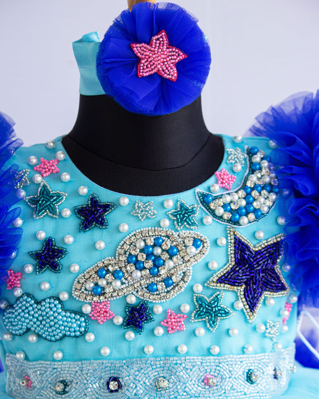 moon and star theme frock for baby girls stanwells kids birthday partywear frock blue shade light and dark shade frocks