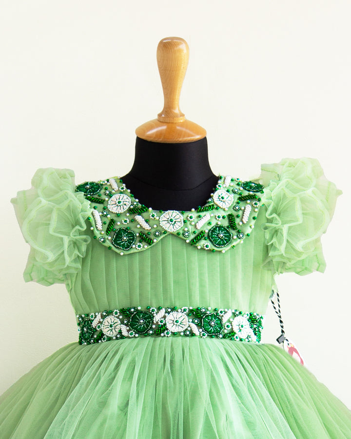 green frock for baby girls | stanwells kids | partywear kids dresses online | premium frocks kids | handwork dresses girls | infant party frocks online | pastel green frocks | bottle green frocks