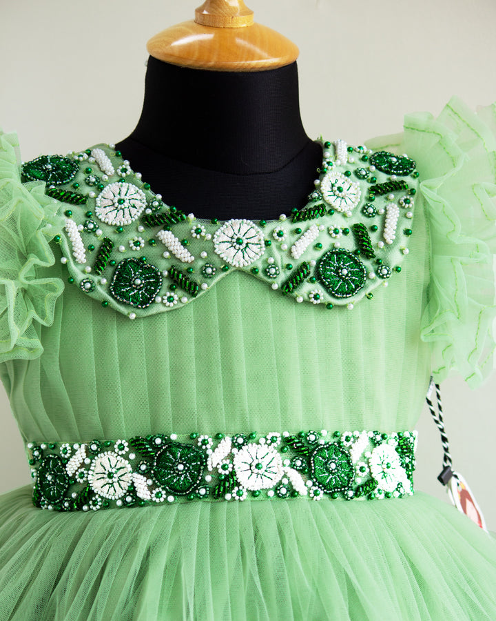 green frock for baby girls | stanwells kids | partywear kids dresses online | premium frocks kids | handwork dresses girls | infant party frocks online | pastel green frocks | bottle green frocks