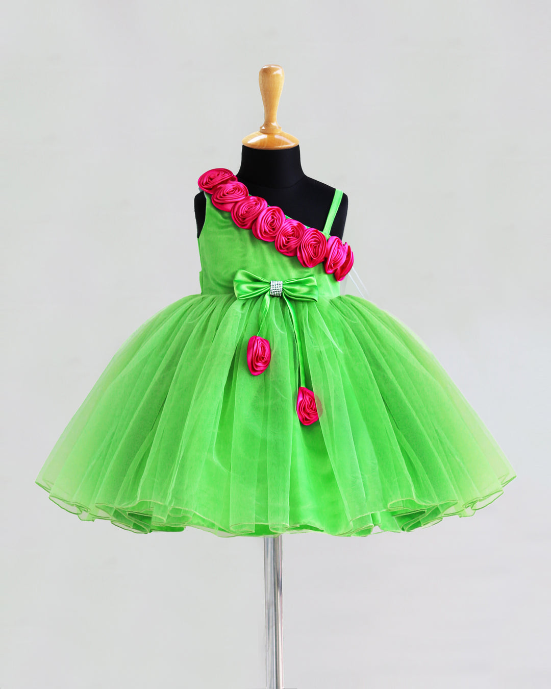 greenfrocks | girls partywear dreses | infants partywear dresses | dresses for kids online buy | stanwells kids | pink flower frock | strap sleeve frocks | birthday dresses | 1 year birthday | parrot green | neon green |