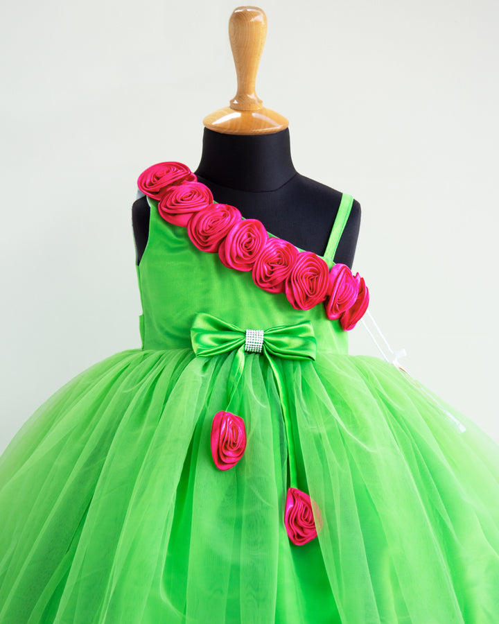 greenfrocks | girls partywear dreses | infants partywear dresses | dresses for kids online buy | stanwells kids | pink flower frock | strap sleeve frocks | birthday dresses | 1 year birthday | parrot green | neon green |