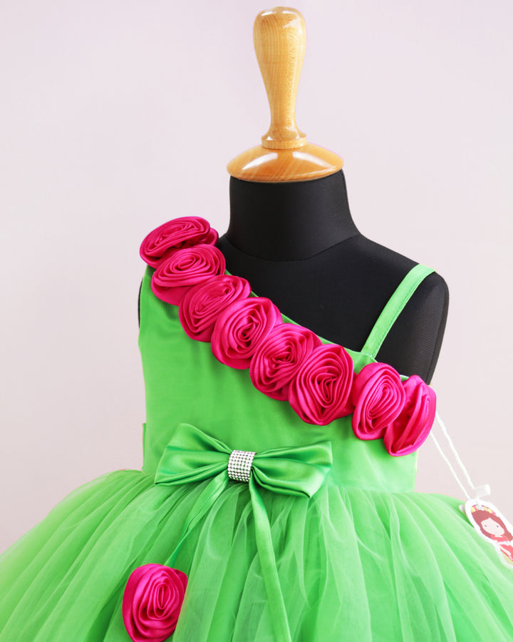 greenfrocks | girls partywear dreses | infants partywear dresses | dresses for kids online buy | stanwells kids | pink flower frock | strap sleeve frocks | birthday dresses | 1 year birthday | parrot green | neon green |