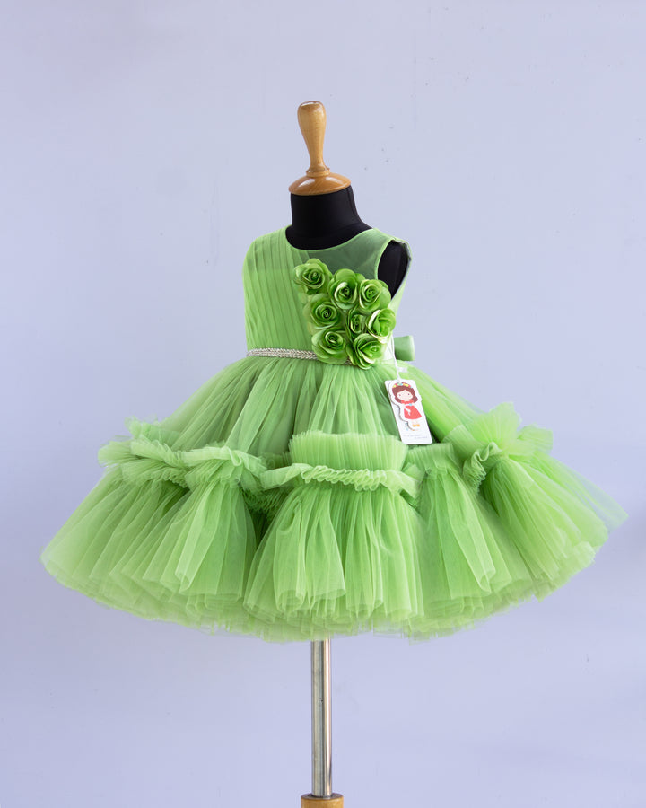 light green flower frock for baby girls, stanwells kids, partywear dresses online, birthday dresses for girls, liandli, nakshatra kids, janyas closet, handmade dresses for kids