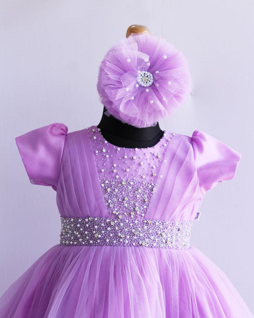 Lilac Shade Handwork Pleated Ruffles Floor Length Gown - Stanwells Kids