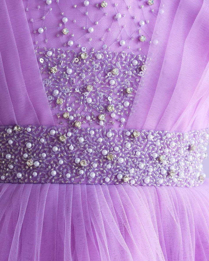 Lilac Shade Handwork Pleated Ruffles Floor Length Gown