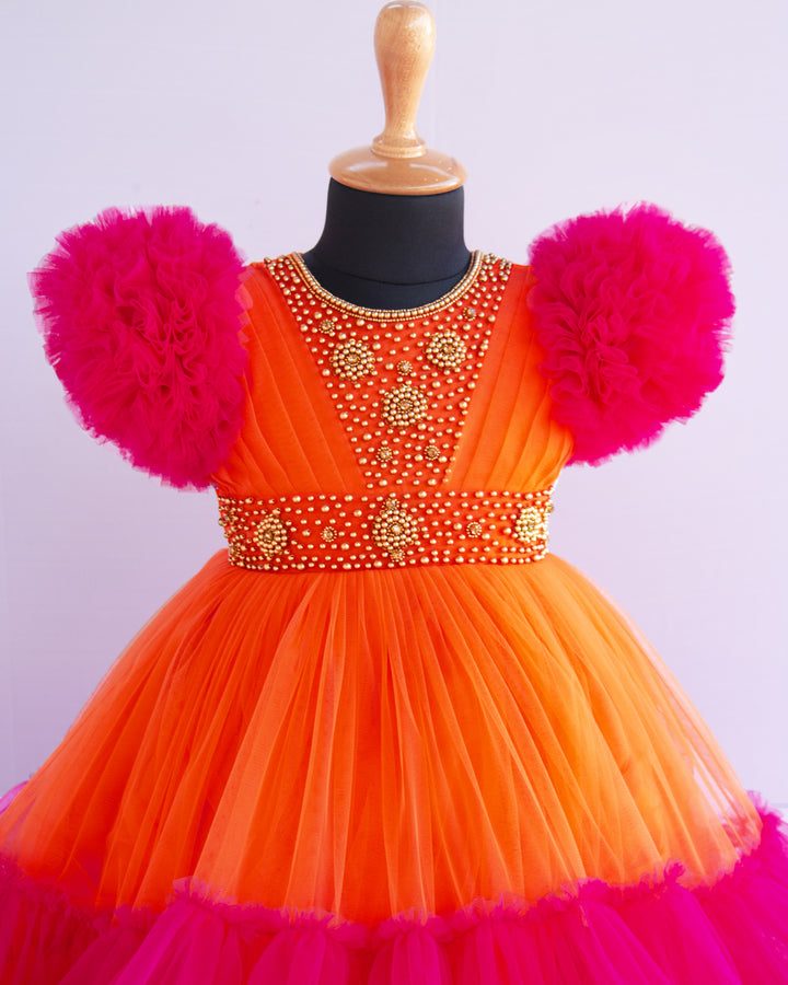 Orange & Rany Pink Combo Heavy Handwork Partywear Flared Ruffles Full