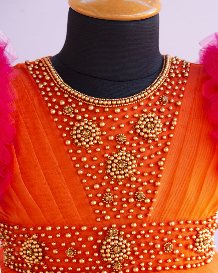 Orange & Rany Pink Combo Heavy Handwork Partywear Flared Ruffles Full