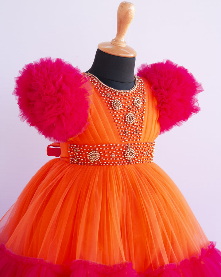 Orange & Rany Pink Combo Heavy Handwork Partywear Flared Ruffles Full