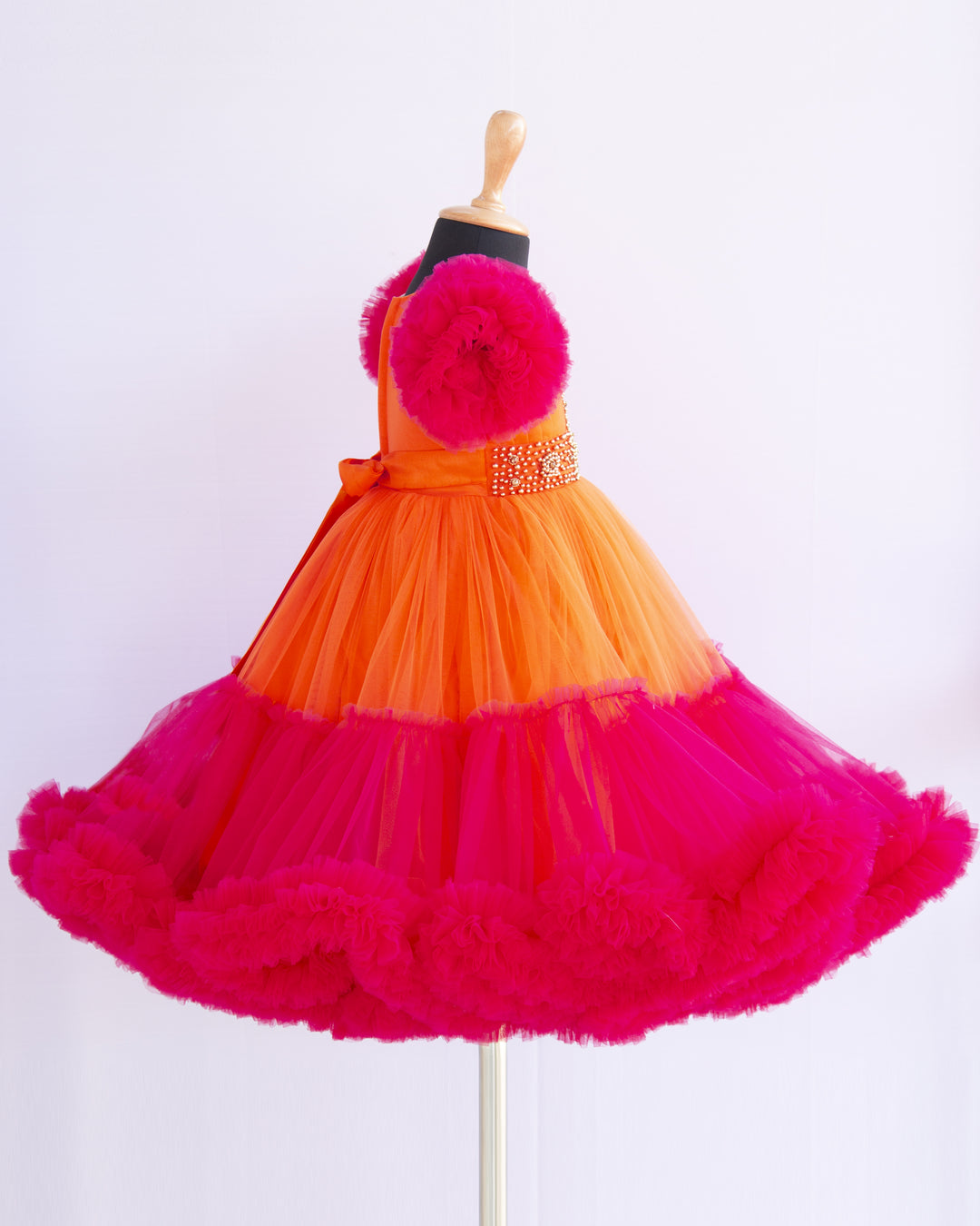 Orange & Rany Pink Combo Heavy Handwork Partywear Flared Ruffles Full