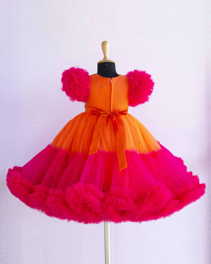 Orange & Rany Pink Combo Heavy Handwork Partywear Flared Ruffles Full