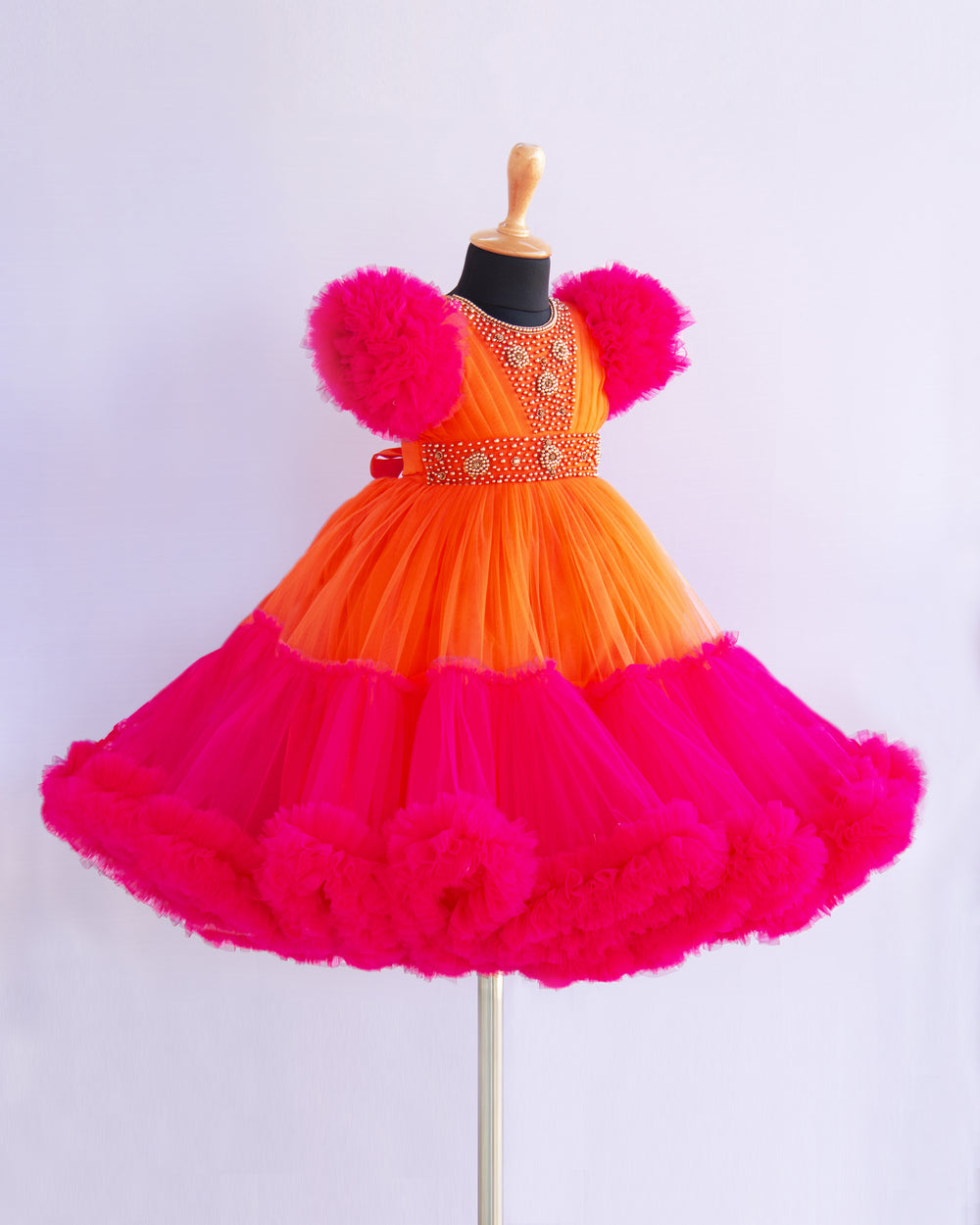 Orange & Rany Pink Combo Heavy Handwork Partywear Flared Ruffles Full