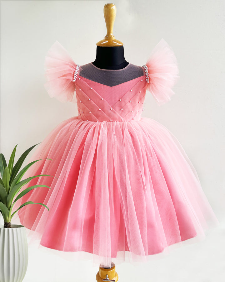 Peach Shade Pleated Frock, Baby Girls Birthday Dress, Partywear Frock for Baby Girl, Designer Birthday Dress