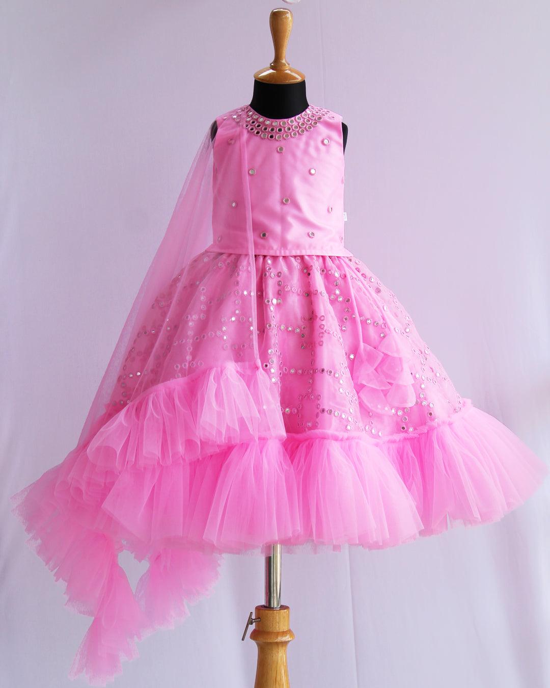 Baby Pink Organza Mirror work Ruffles Lehenga Choli set