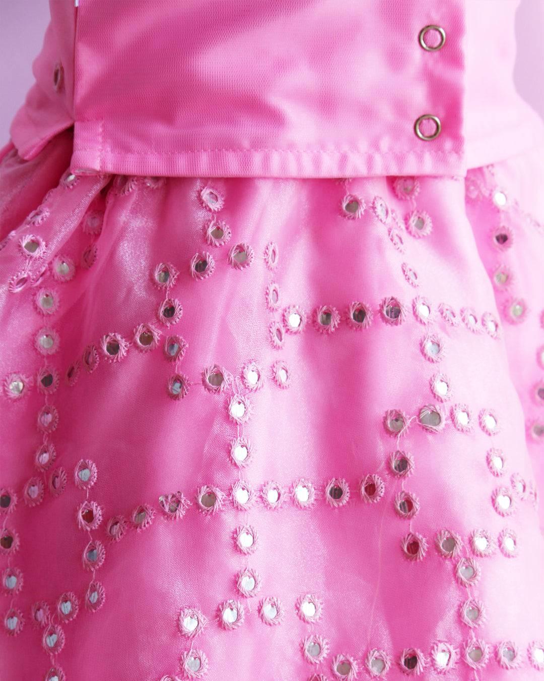 Baby Pink Organza Mirror work Ruffles Lehenga Choli set
Material: Baby Pink organza net is used for making this beautiful skirt & top .Top portion of the dress is designed with baby pink net fabric with mirror embroi