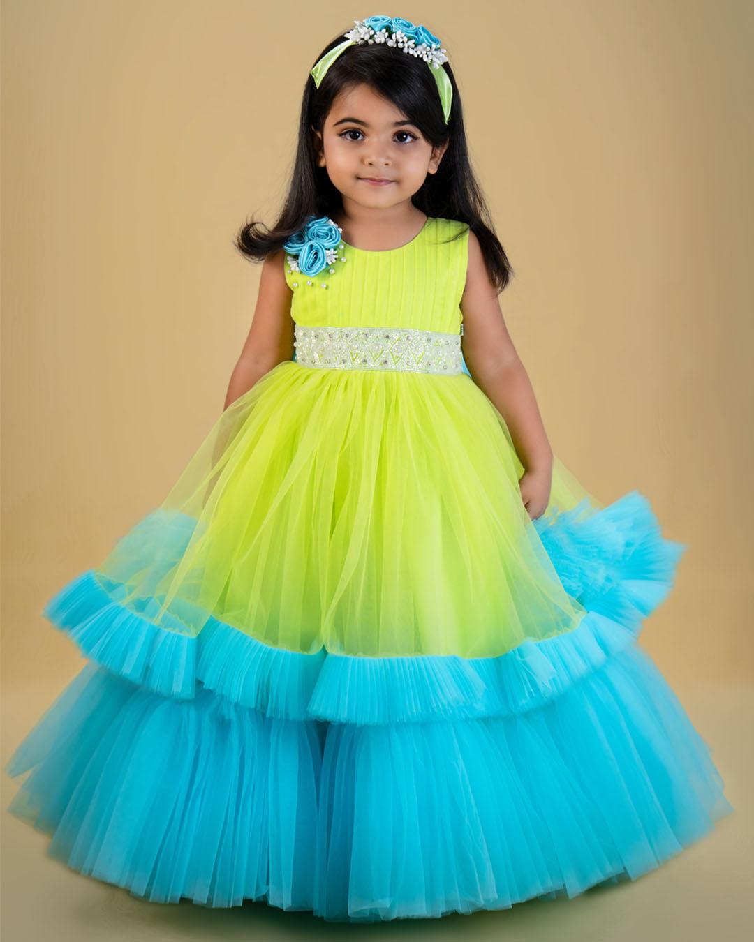Lime Green Skyblue Combo Pleated Ruffles Gown – Stanwells Kids