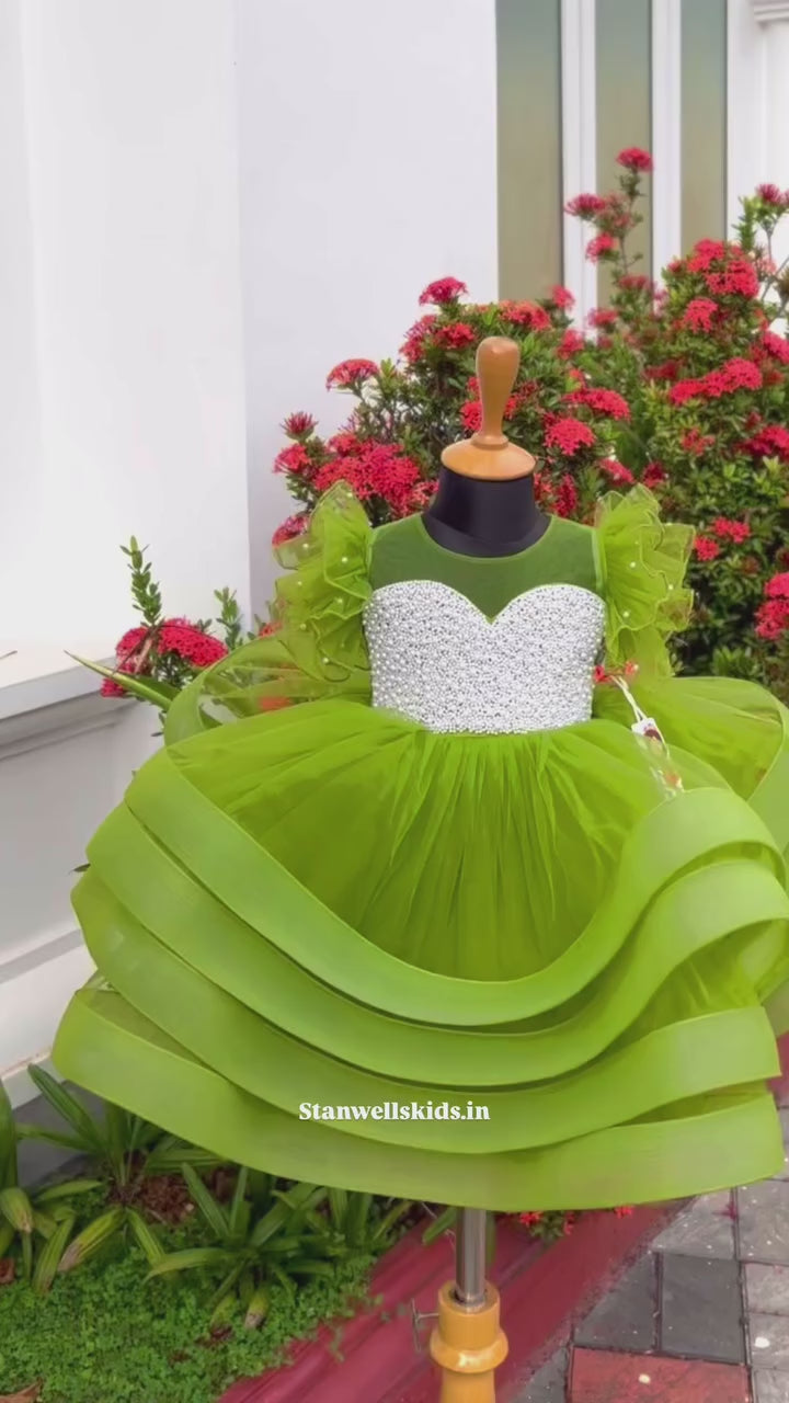 Pea Green Heavy Handwork Baby Girls Premium Partywear Step Frock-Sample